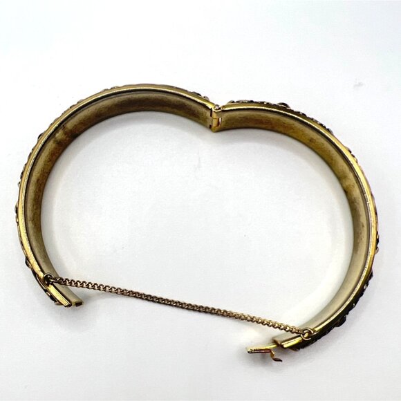 Vintage Spanish Damascene Bracelet Hinged Bangle Rhinestones Enamel Safety Chain - Picture 6 of 10